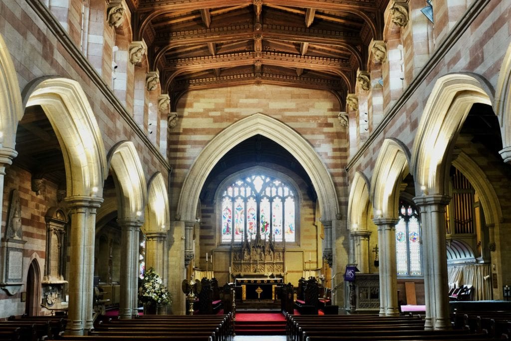 Interior of St Bartholomew's Church, looking down the nave to the east window